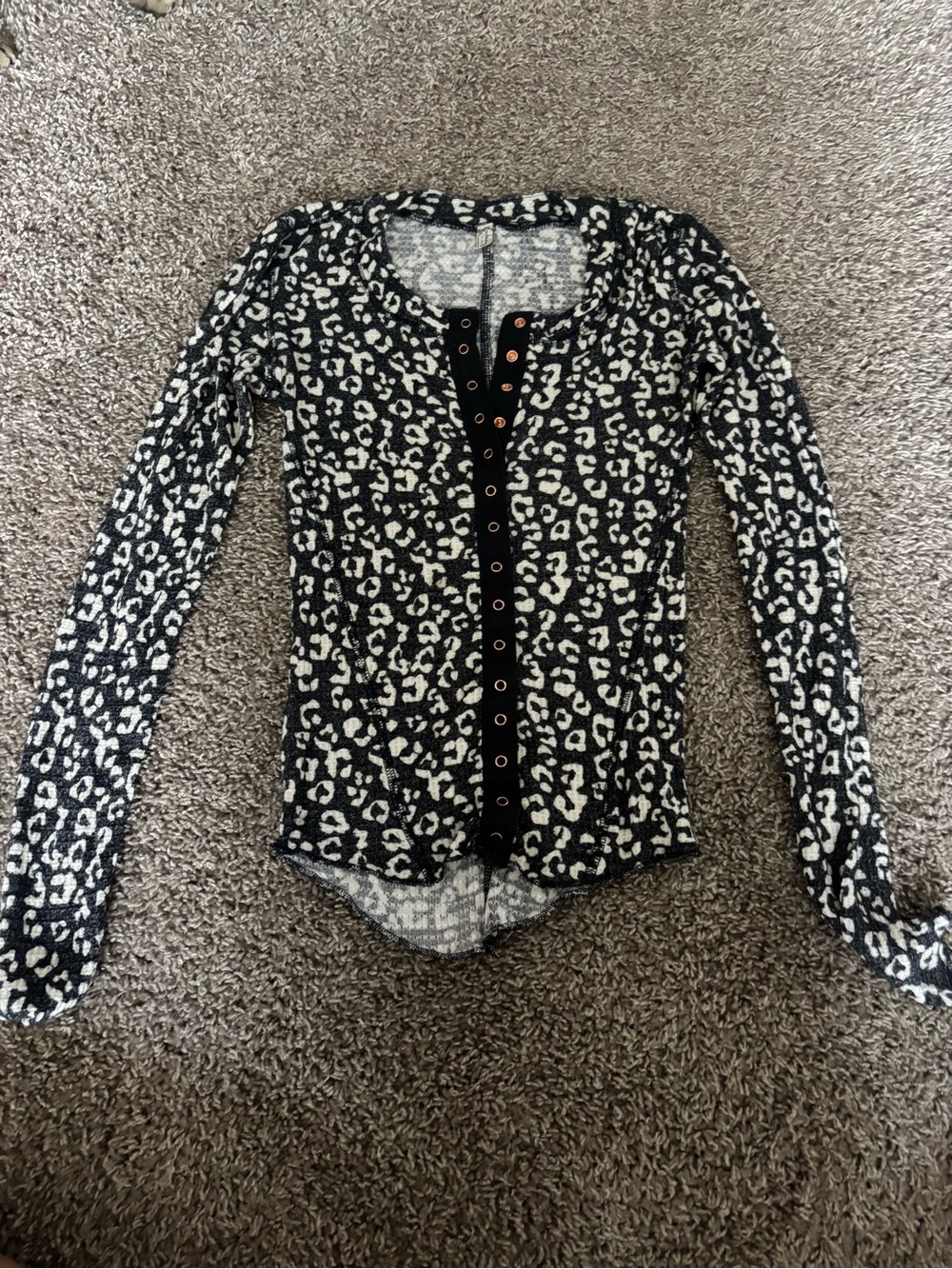 Free People Black and White Leopard Henley Long Sleeve Top